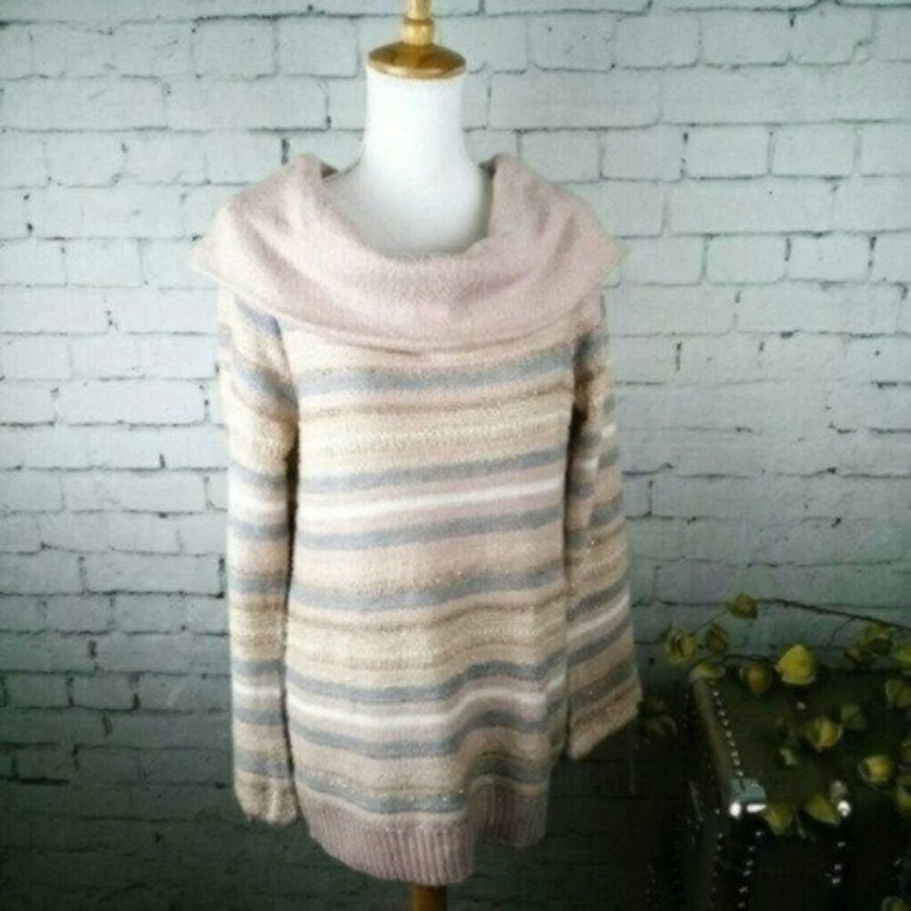 Pina Rossi Striped Off The Shoulder Sweater Pink Large